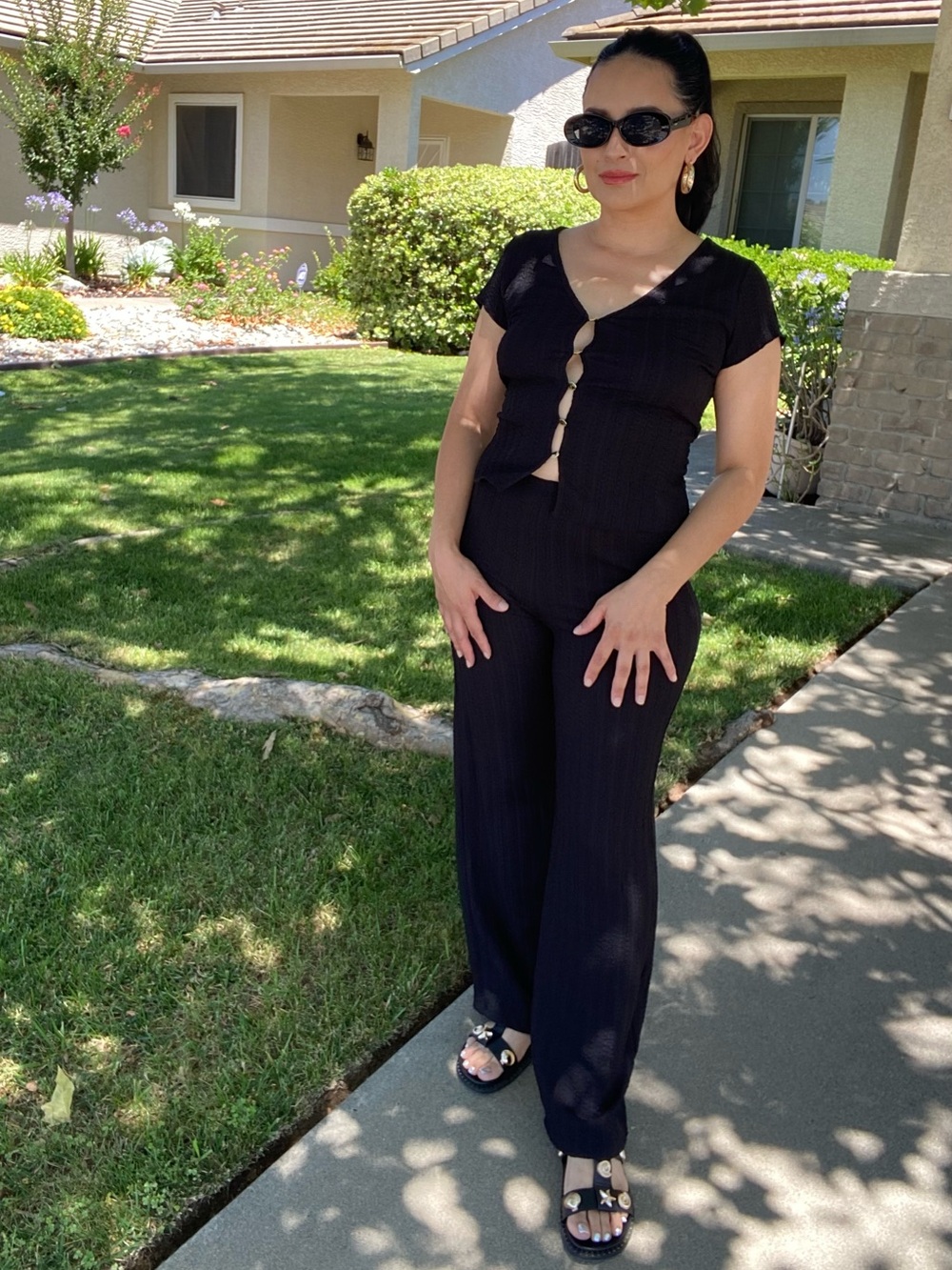 Black Ribbed Button-Front Top and Wide Straight Leg Bottom Set- Women